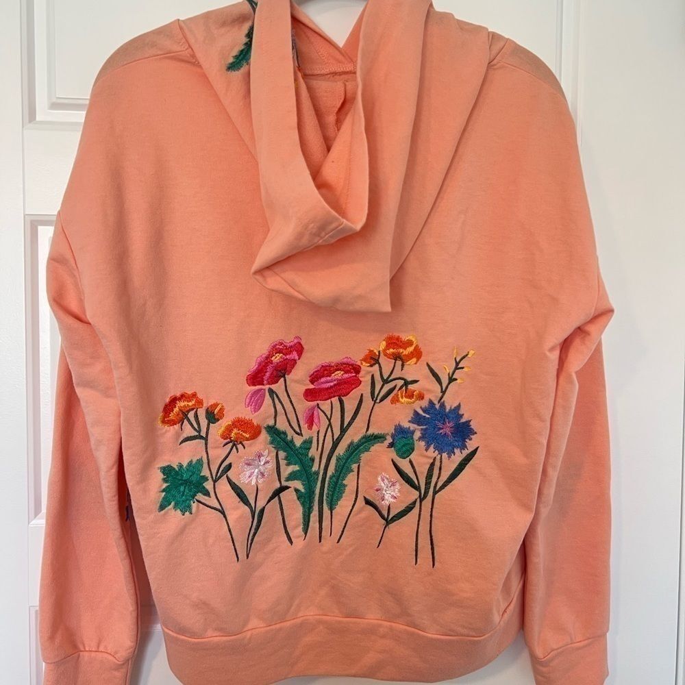 Crave Fame Peach Hoodie Floral Sleeve Embroidery Wildflower Pullover Size S